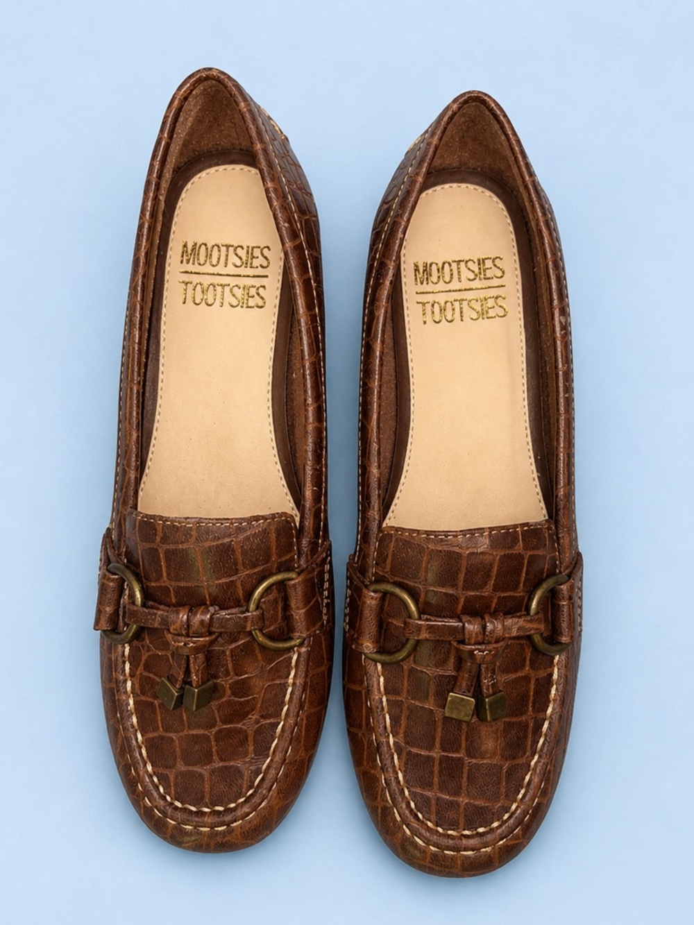 Mootsies Tootsies Brown Croc Embossed Loafers Horsebit Flats Size 6.5